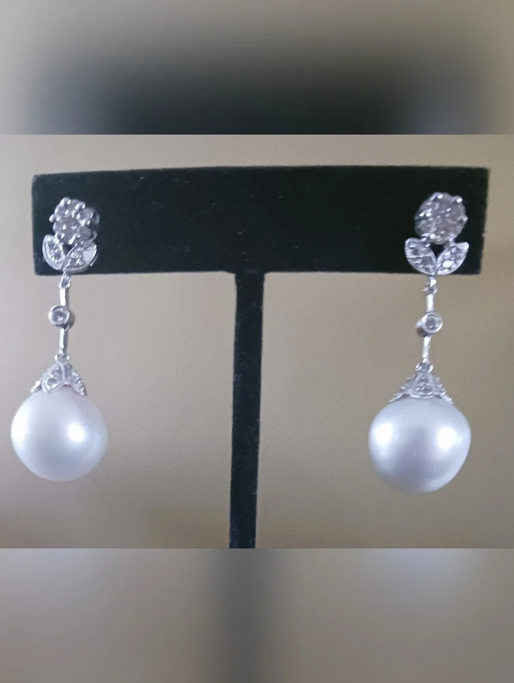 14mm White Tahitian  Pearl Drop Earrings  14k - White Gold Earring .50 White Dia